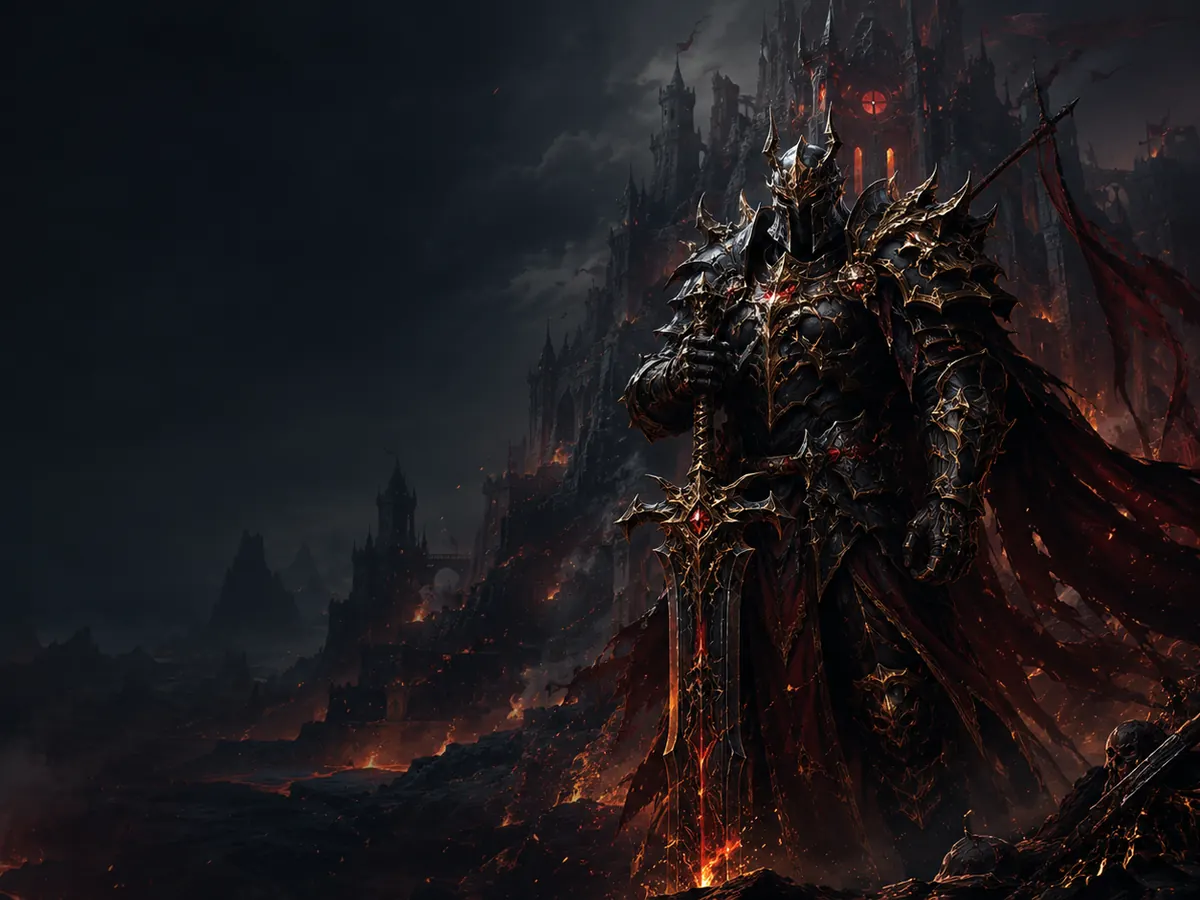 Cavaleiro de armadura escura diante de uma fortaleza em chamas, arte do MU Online +120 FPS da ARMYRED HOST
